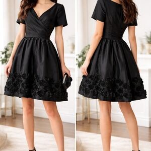eshakti Black V-Wrap Short Sleeve A-Line Dress with Rosette Hem